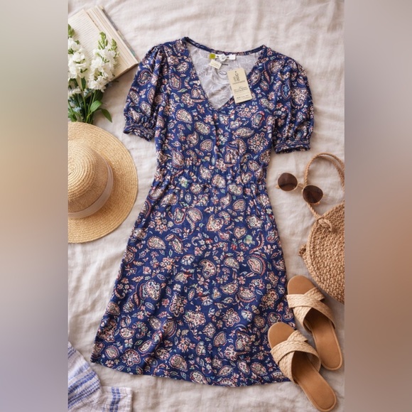 BODEN V-Neck Puff Sleeves Blue Paisley Cotton-Jersey Mini Dress, Size 16/18L NWT - Picture 3 of 16